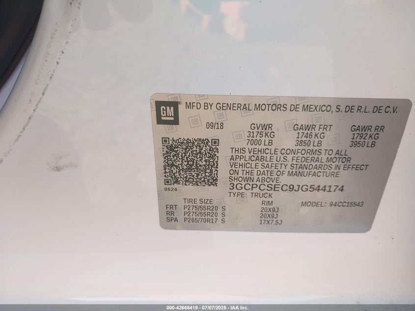 2018 Chevrolet Silverado 1500 1Lz VIN: 3GCPCSEC9JG544174 Lot: 42668419