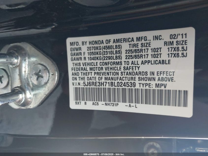 2011 Honda Cr-V Ex-L VIN: 5J6RE3H71BL024539 Lot: 42668570