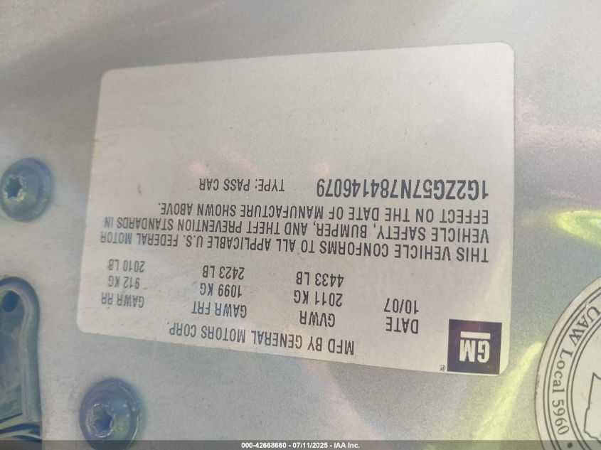 2008 Pontiac G6 VIN: 1G2ZG57N784146079 Lot: 42668660