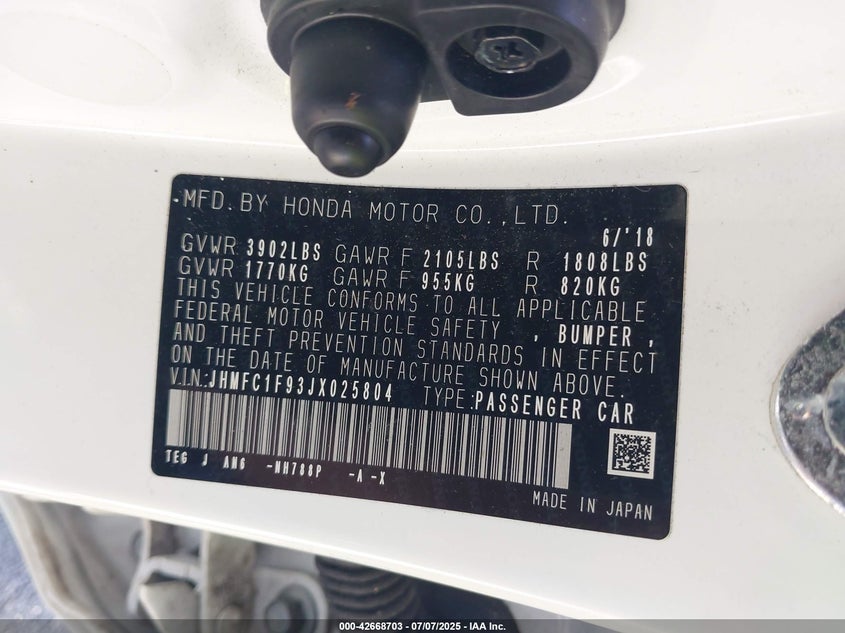 VIN JHMFC1F93JX025804 2018 HONDA CIVIC TOURING