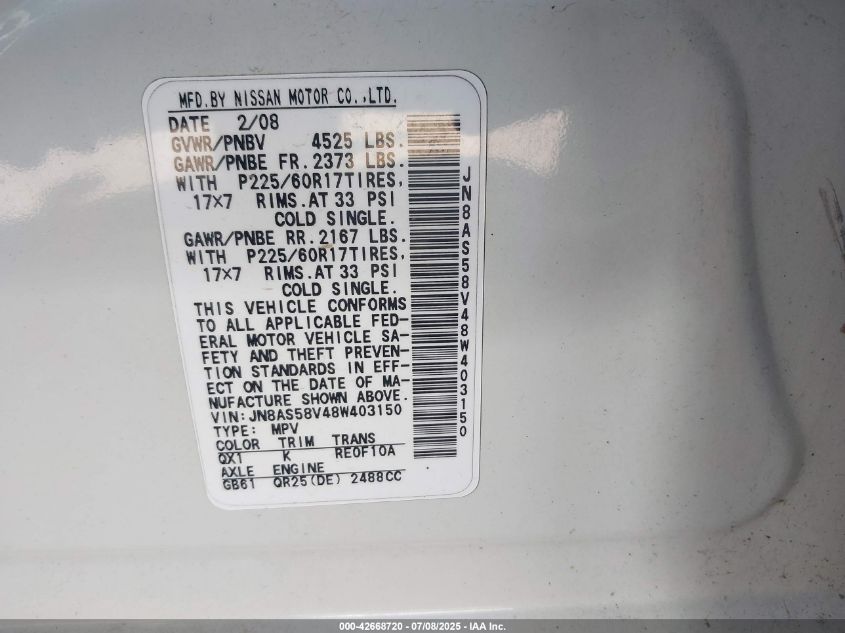 2008 Nissan Rogue Sl VIN: JN8AS58V48W403150 Lot: 42668720