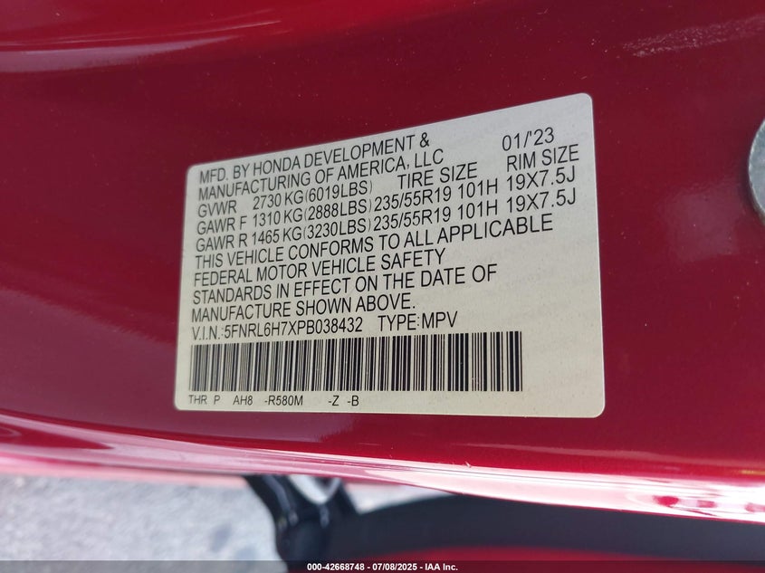 2023 Honda Odyssey Sport VIN: 5FNRL6H7XPB038432 Lot: 42668748