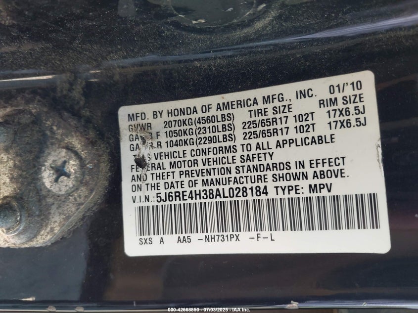 2010 HONDA CR-V VIN: 5J6RE4H38AL028184