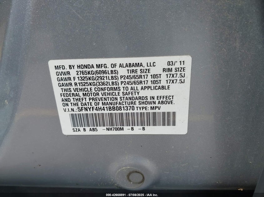 2011 HONDA PILOT VIN: 5FNYF4H41BB081370