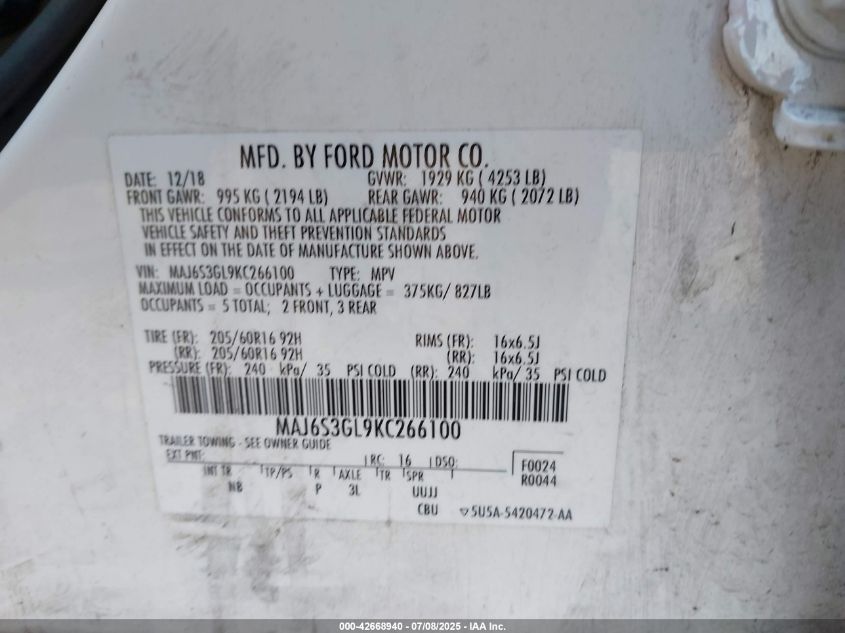 2019 Ford Ecosport Se VIN: MAJ6S3GL9KC266100 Lot: 42668940