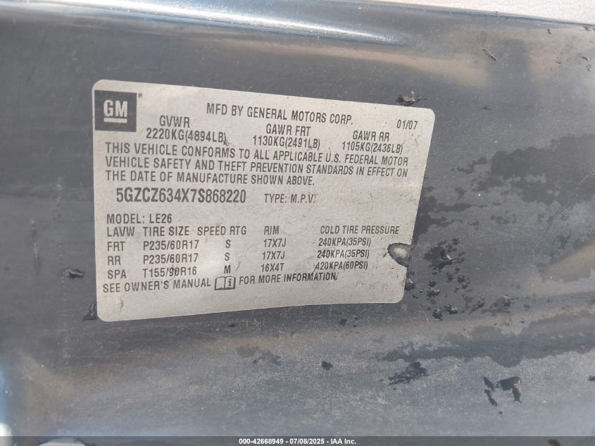 2007 Saturn Vue V6 VIN: 5GZCZ634X7S868220 Lot: 42668949