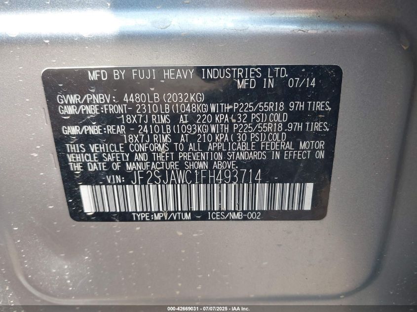 2015 SUBARU FORESTER 2.5I TOURING - JF2SJAWC1FH493714