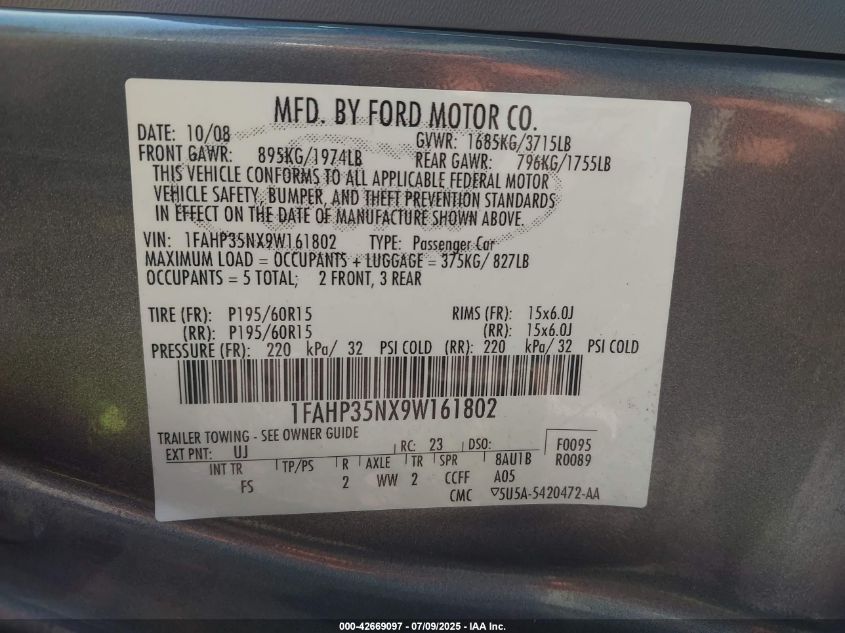 2009 Ford Focus Se VIN: 1FAHP35NX9W161802 Lot: 42669097