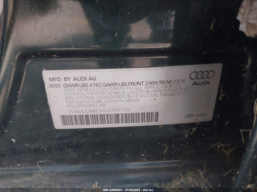 2004 Audi A4 1.8T VIN: WAULC68E54A095126 Lot: 42669201