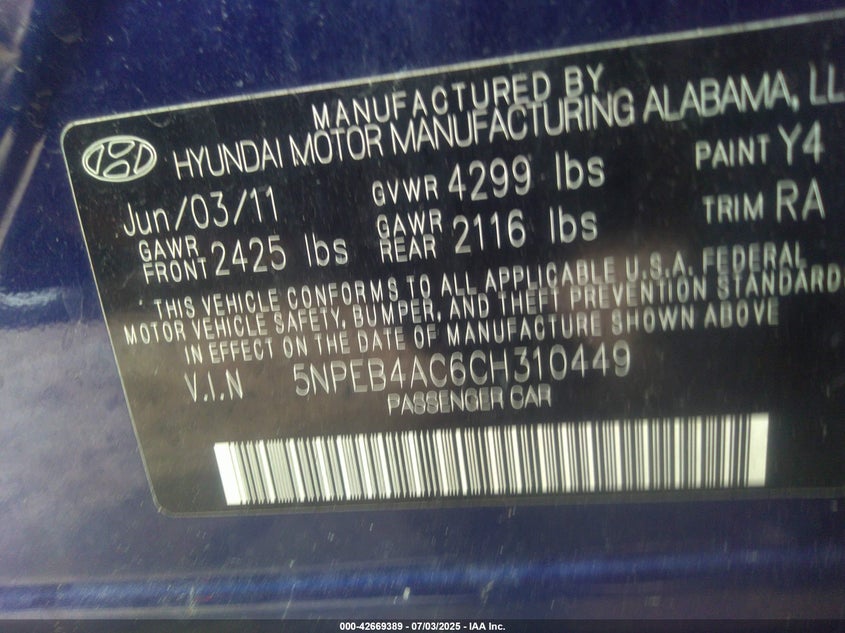 2012 HYUNDAI SONATA VIN: 5NPEB4AC6CH310449