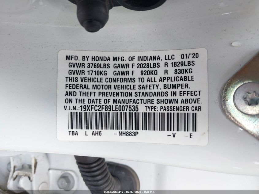 2020 Honda Civic Sport VIN: 19XFC2F89LE007535 Lot: 42669417
