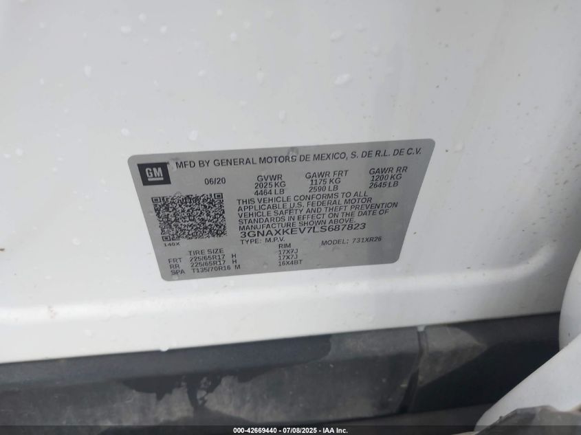 2020 Chevrolet Equinox Fwd Lt 1.5L Turbo VIN: 3GNAXKEV7LS687823 Lot: 42669440