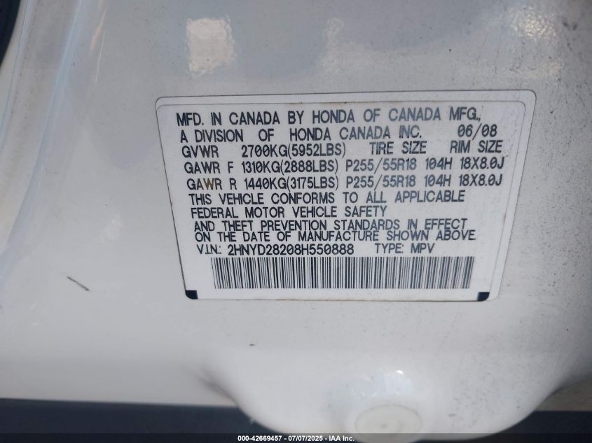 2008 Acura Mdx VIN: 2HNYD28208H550888 Lot: 42669457