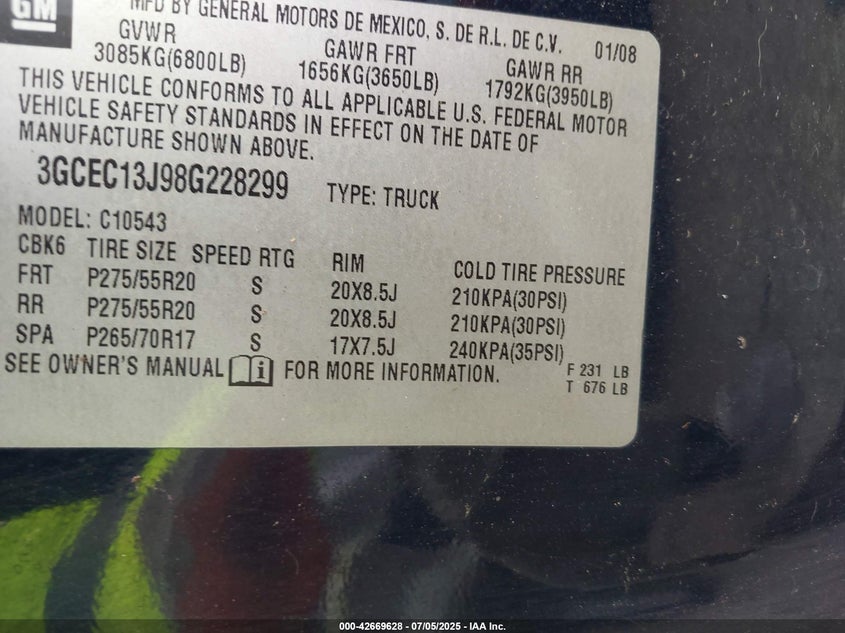 2008 CHEVROLET SILVERADO 1500 VIN: 3GCEC13J98G228299