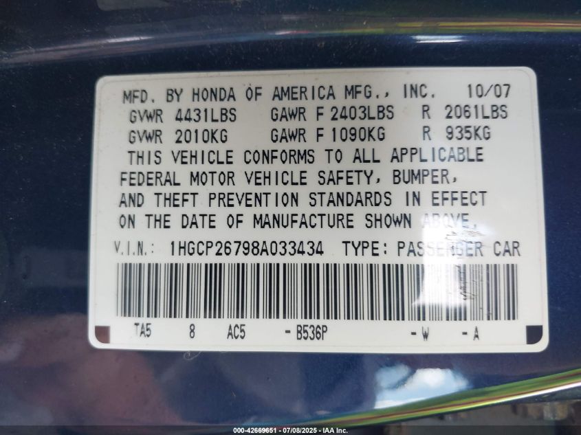 2008 Honda Accord 2.4 Ex VIN: 1HGCP26798A033434 Lot: 42669651