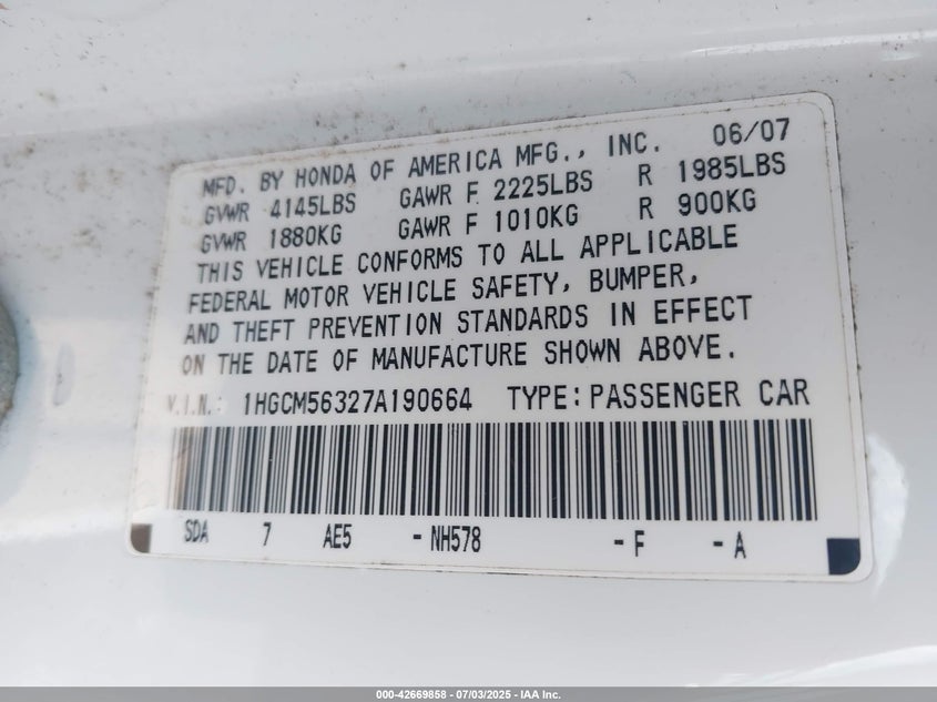 2007 HONDA ACCORD VIN: 1HGCM56327A190664