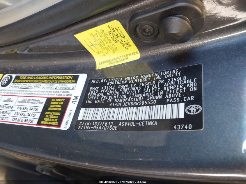 2011 Toyota Camry Le VIN: 4T4BF3EK6BR205550 Lot: 42669876