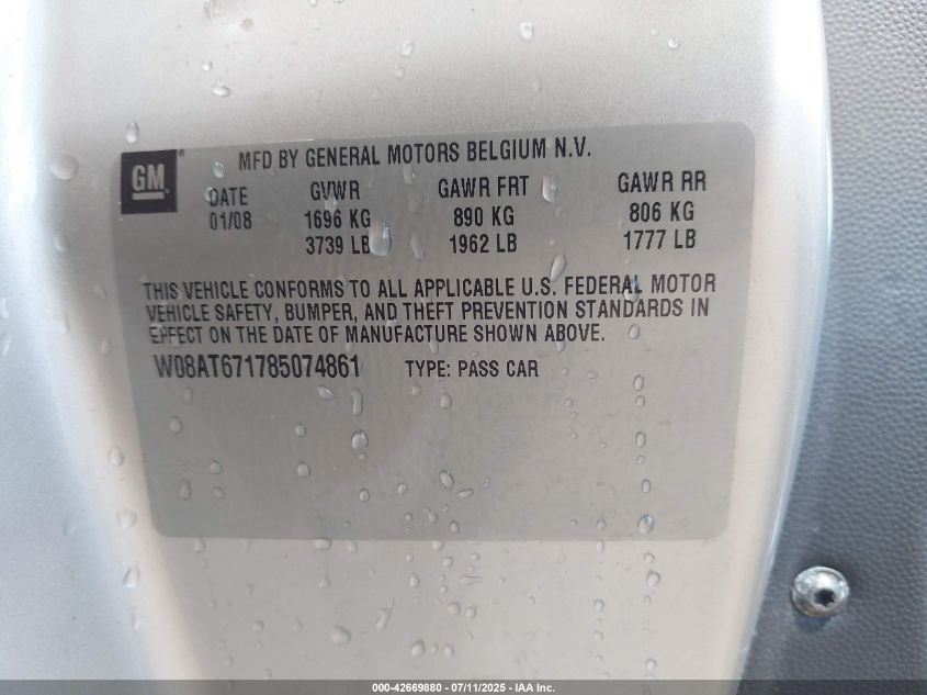 2008 Saturn Astra Xr VIN: W08AT671785074861 Lot: 42669880