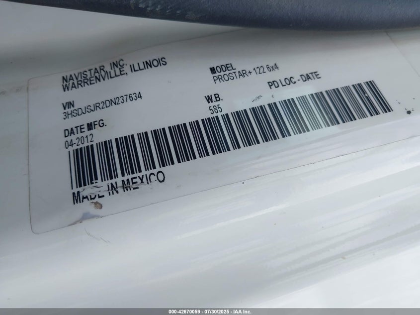 2013 International Prostar VIN: 3HSDJSJR2DN237634 Lot: 42670059
