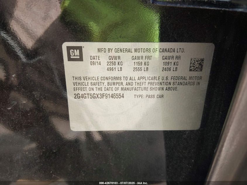 2015 Buick Regal Gs VIN: 2G4GT5GX3F9146554 Lot: 42670103