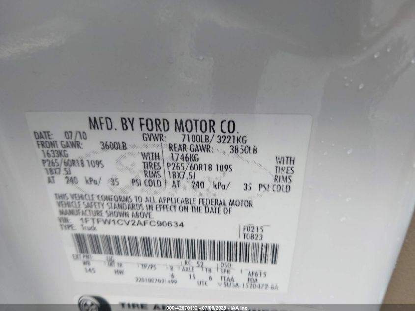 2010 Ford F-150 Lariat VIN: 1FTFW1CV2AFC90634 Lot: 42670192