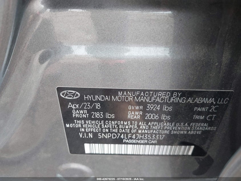 VIN 5NPD74LF4JH353317 2018 HYUNDAI ELANTRA SE