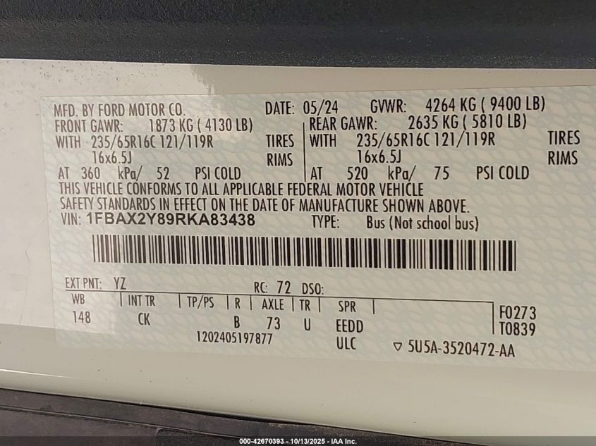 2024 Ford Transit-350 Passenger Van Xlt VIN: 1FBAX2Y89RKA83438 Lot: 42670393