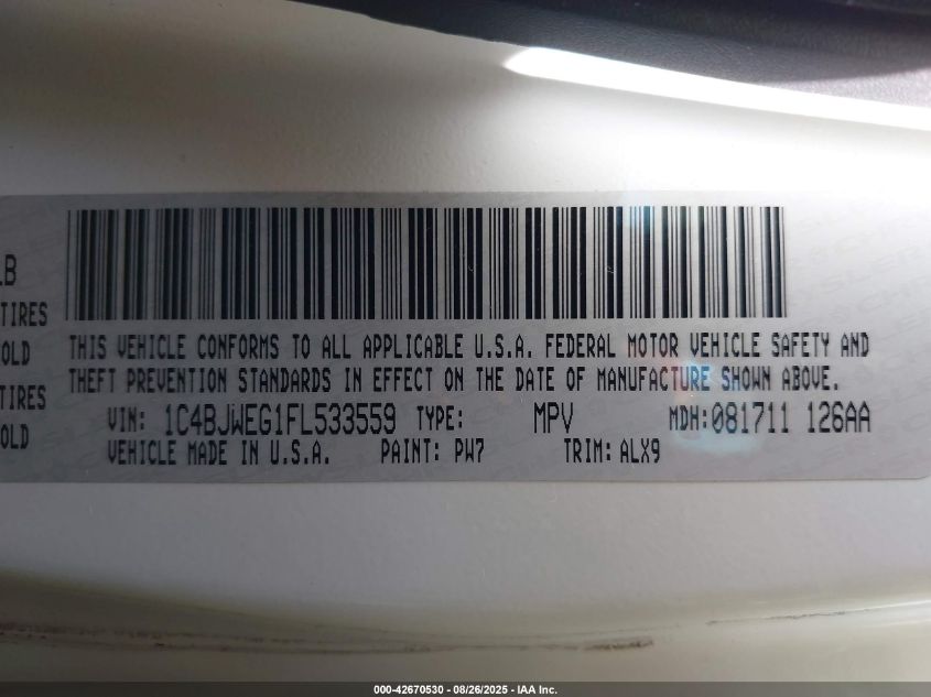 2015 Jeep Wrangler Unlimited Sahara VIN: 1C4BJWEG1FL533559 Lot: 42670530