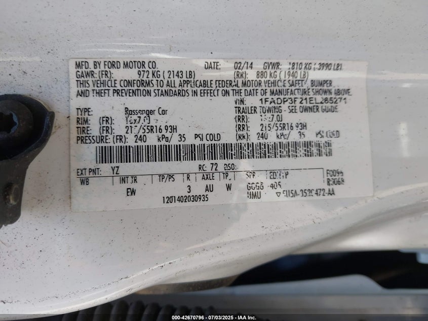 2014 FORD FOCUS VIN: 1FADP3F21EL265271
