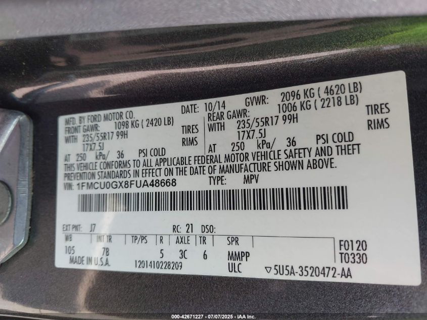 2015 Ford Escape Se VIN: 1FMCU0GX8FUA48668 Lot: 42671227