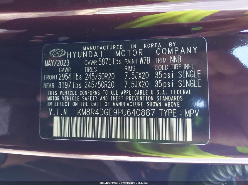 2023 Hyundai Palisade Sel VIN: KM8R4DGE9PU640887 Lot: 42671246