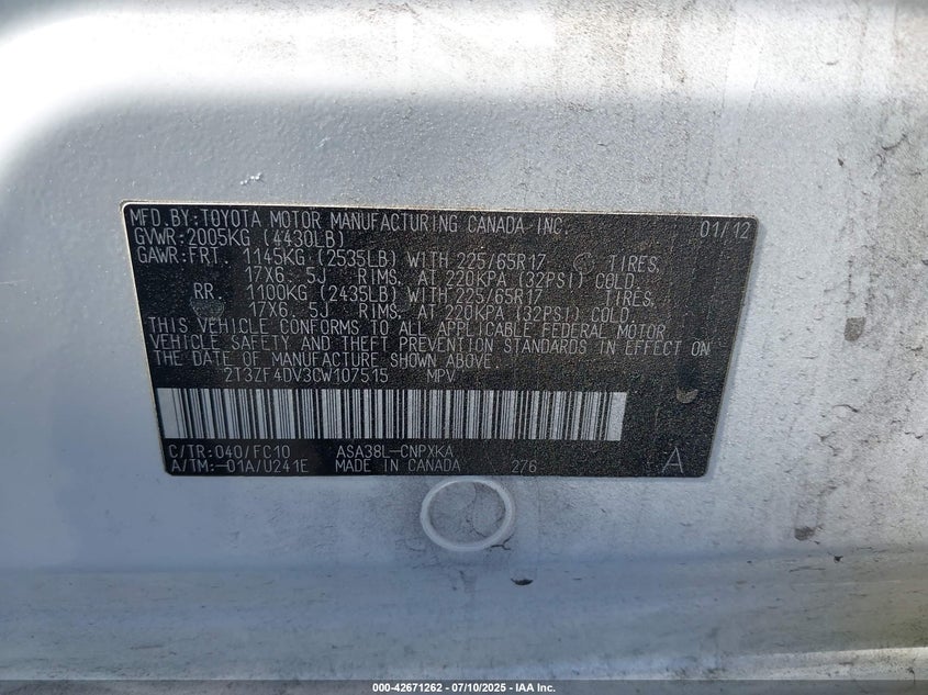 2012 TOYOTA RAV4 VIN: 2T3ZF4DV3CW107515
