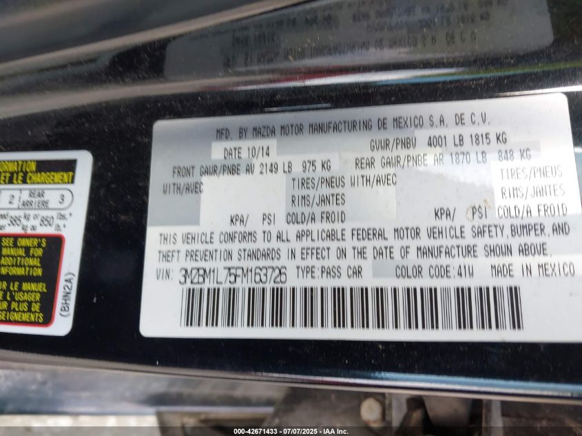 2015 Mazda Mazda3 I Touring VIN: 3MZBM1L75FM163726 Lot: 42671433