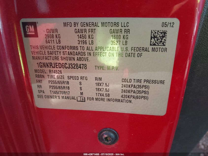 2012 Chevrolet Traverse 2Lt VIN: 1GNKRJED6CJ328478 Lot: 42671488