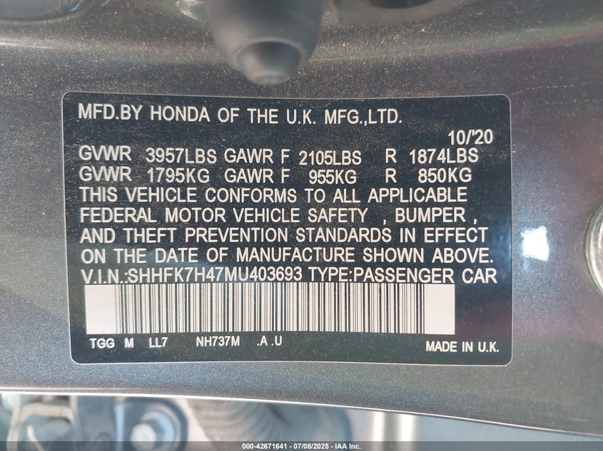 2021 HONDA CIVIC SPORT - SHHFK7H47MU403693