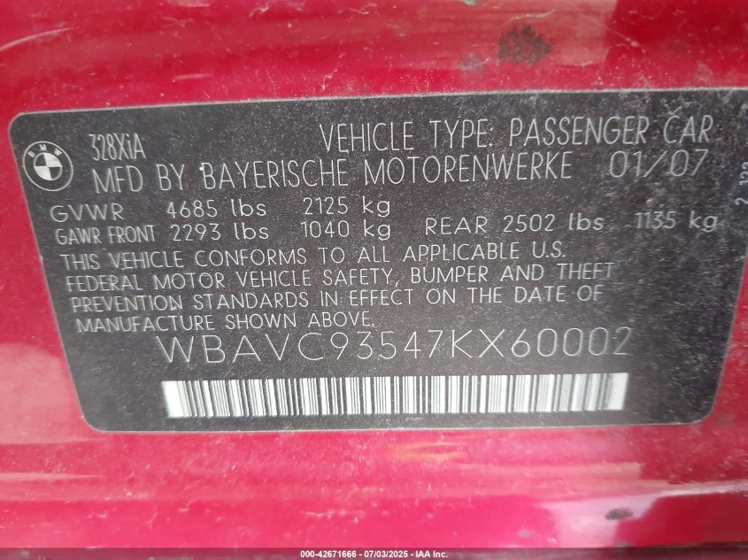 2007 BMW 328Xi VIN: WBAVC93547KX60002 Lot: 42671666