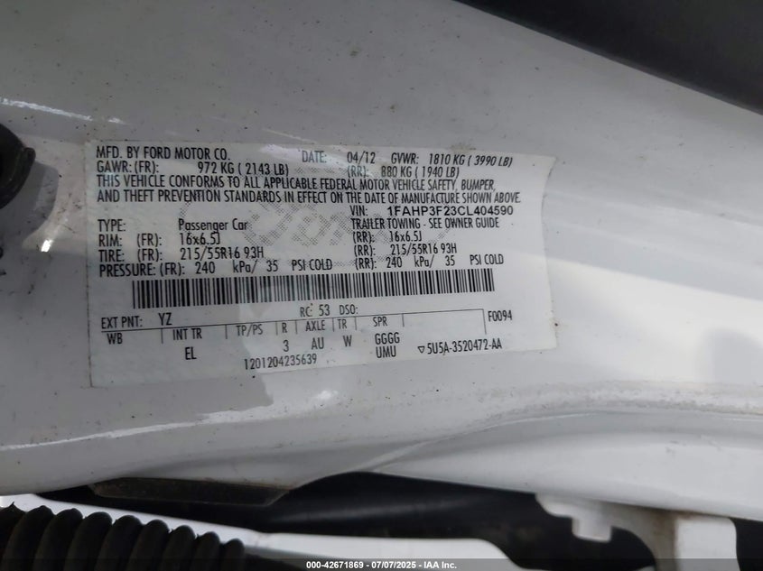 2012 FORD FOCUS VIN: 1FAHP3F23CL404590