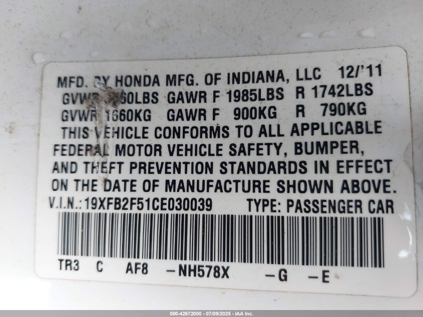 2012 Honda Civic Lx VIN: 19XFB2F51CE030039 Lot: 42672000