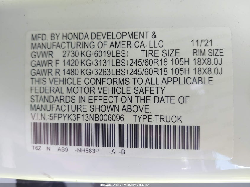2022 HONDA RIDGELINE 3.5L V-6 DI, VVT, 28(VIN: 5FPYK3F13NB006096