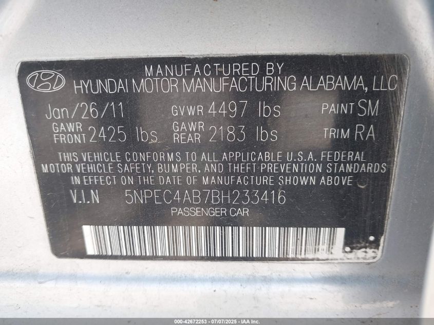 2011 Hyundai Sonata Se 2.0T VIN: 5NPEC4AB7BH233416 Lot: 42672253