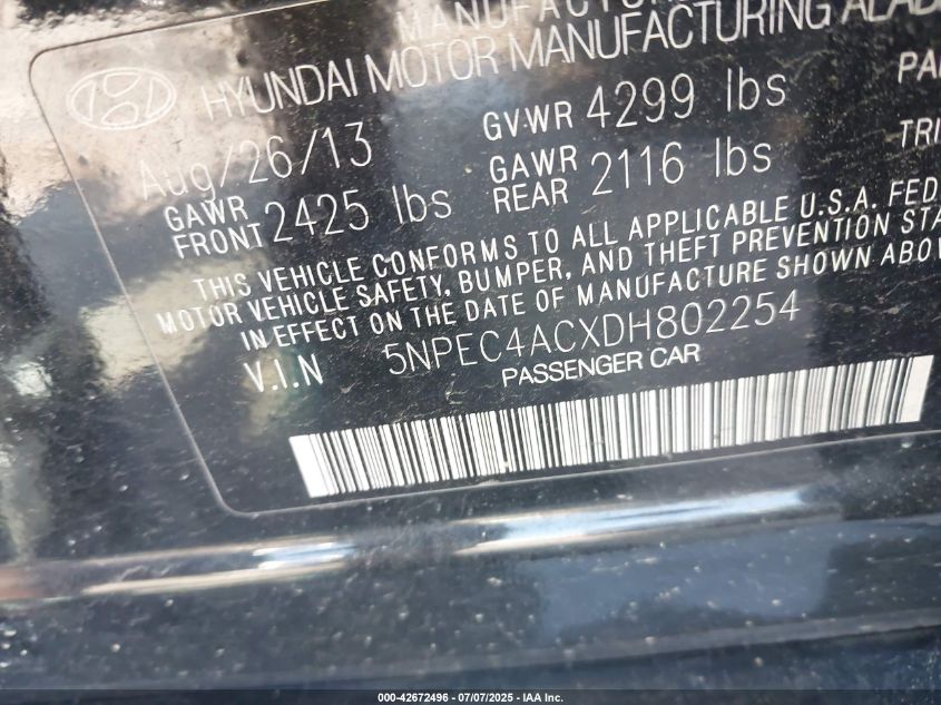 2013 Hyundai Sonata Limited VIN: 5NPEC4ACXDH802254 Lot: 42672496