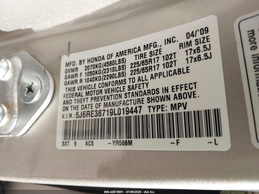 2009 Honda Cr-V Ex-L VIN: 5J6RE38719L019447 Lot: 42672651