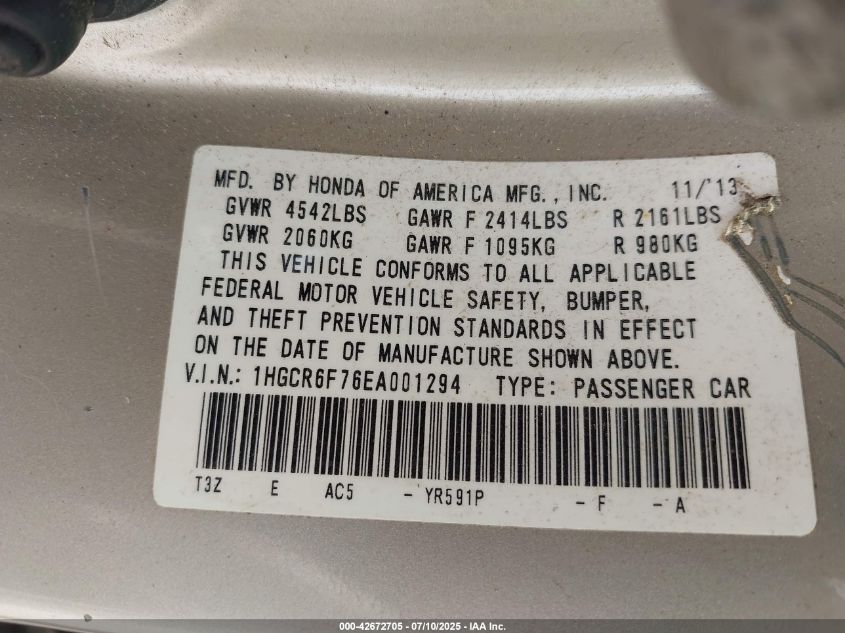 2014 Honda Accord Hybrid Touring VIN: 1HGCR6F76EA001294 Lot: 42672705