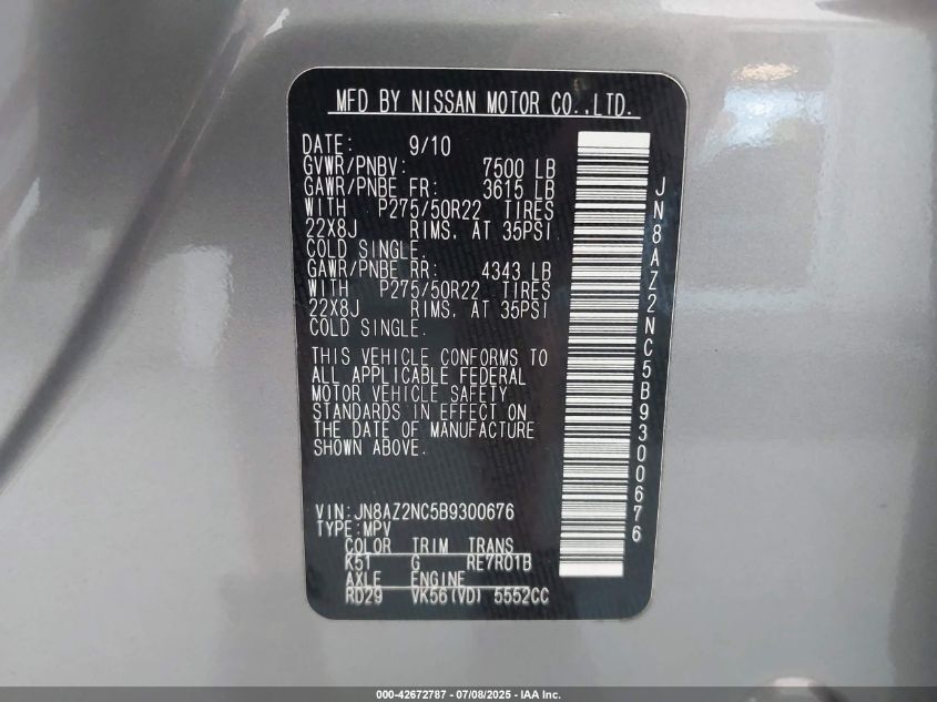 2011 Infiniti Qx56 VIN: JN8AZ2NC5B9300676 Lot: 42672787