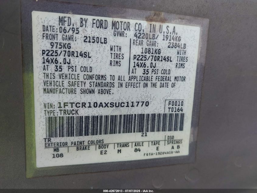1995 Ford Ranger VIN: 1FTCR10AXSUC11770 Lot: 42672813