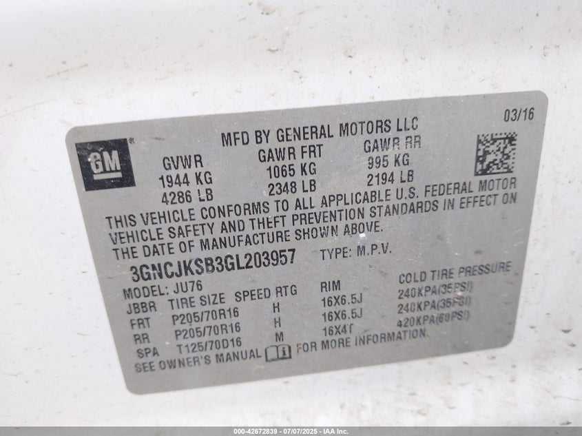 2016 CHEVROLET TRAX VIN: 3GNCJKSB3GL203957