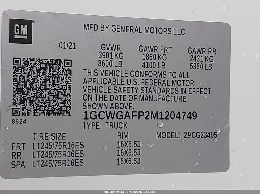 2021 CHEVROLET EXPRESS CARGO(VIN: 1GCWGAFP2M1204749