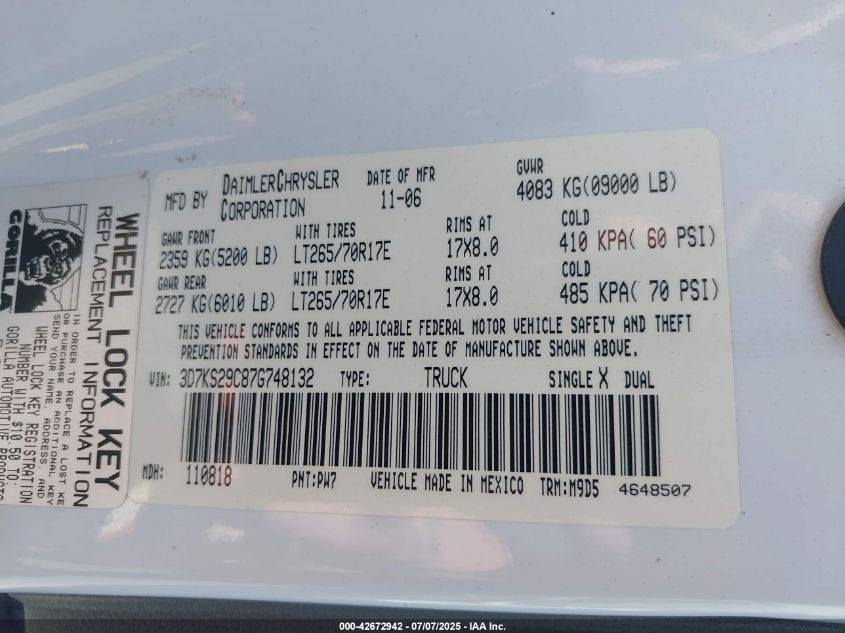 2007 Dodge Ram 2500 Slt VIN: 3D7KS29C87G748132 Lot: 42672942