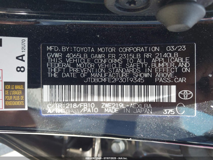 2023 TOYOTA COROLLA HYBRID LE - JTDBCMFE2P3019345