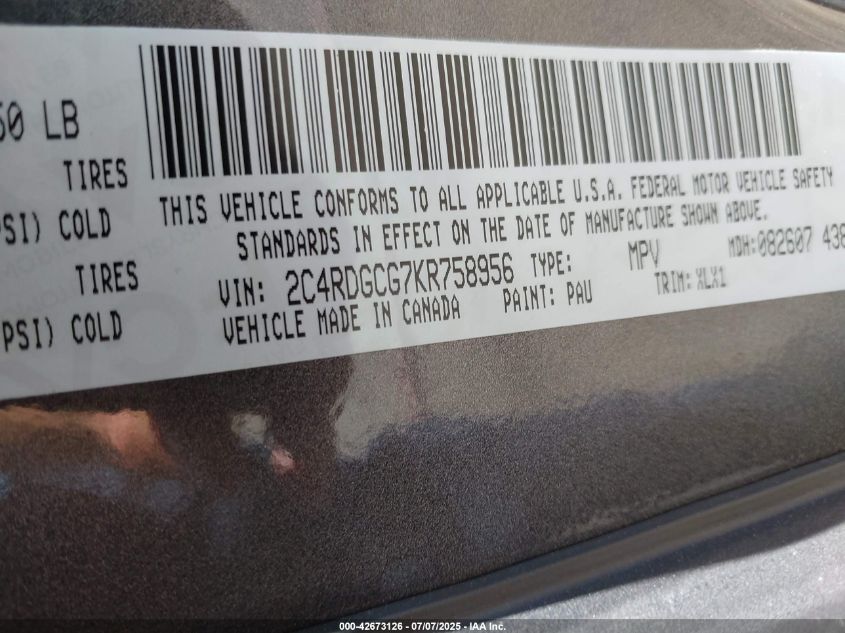 2019 Dodge Grand Caravan Sxt VIN: 2C4RDGCG7KR758956 Lot: 42673126